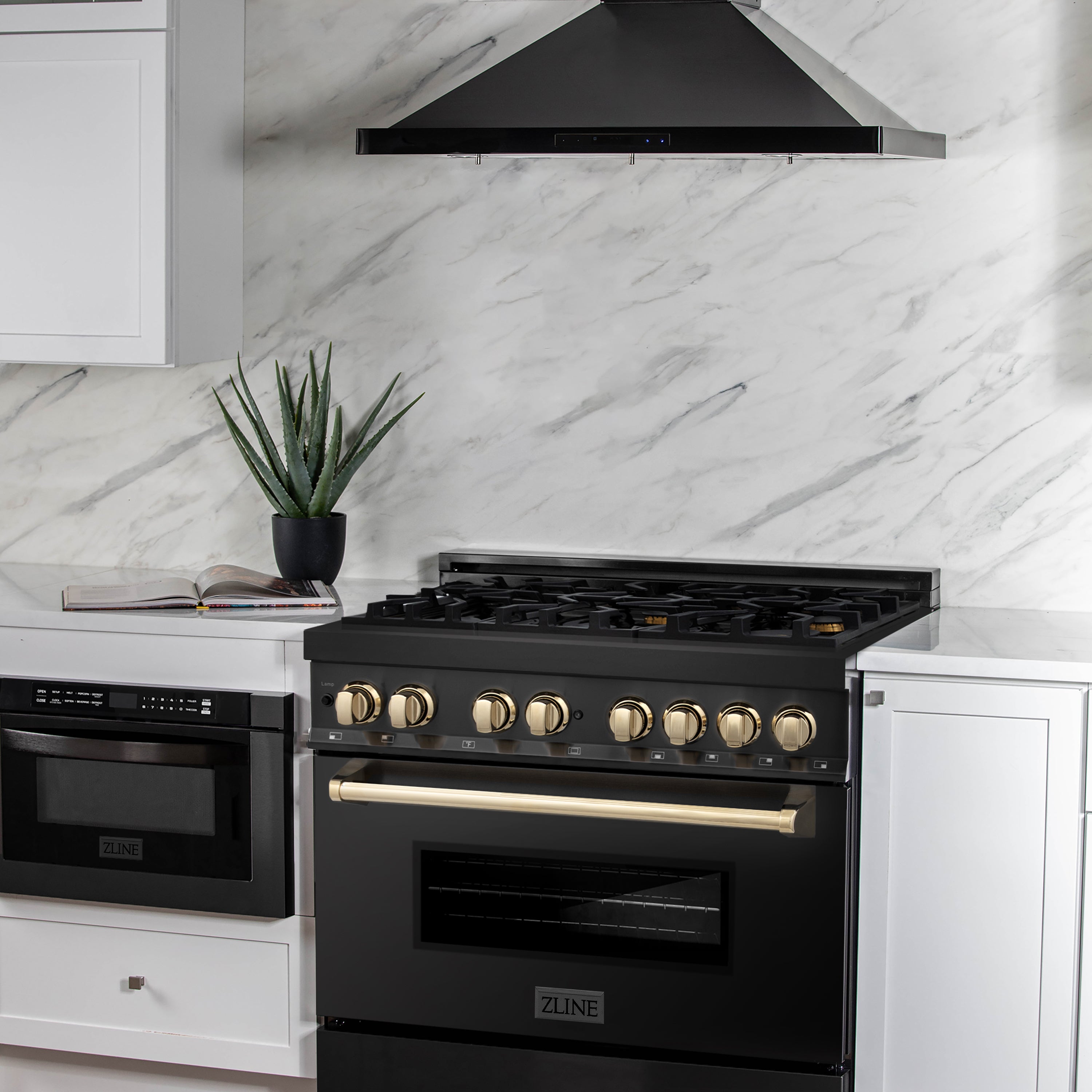 ZLINE Autograph Edition 36 in. 4.6 cu. ft. Dual Fuel Range in Black Stainless Steel with Polished Gold Accents (RABZ-36-G)