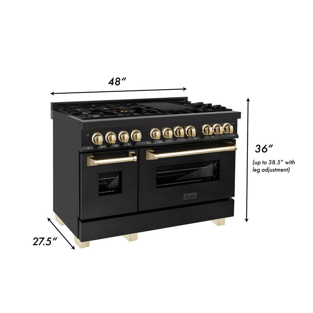 ZLINE Autograph 48-Inch Dual Fuel Range, 6.0 Cu. Ft., Black Stainless Steel with Gold Accents (RABZ-48-G)