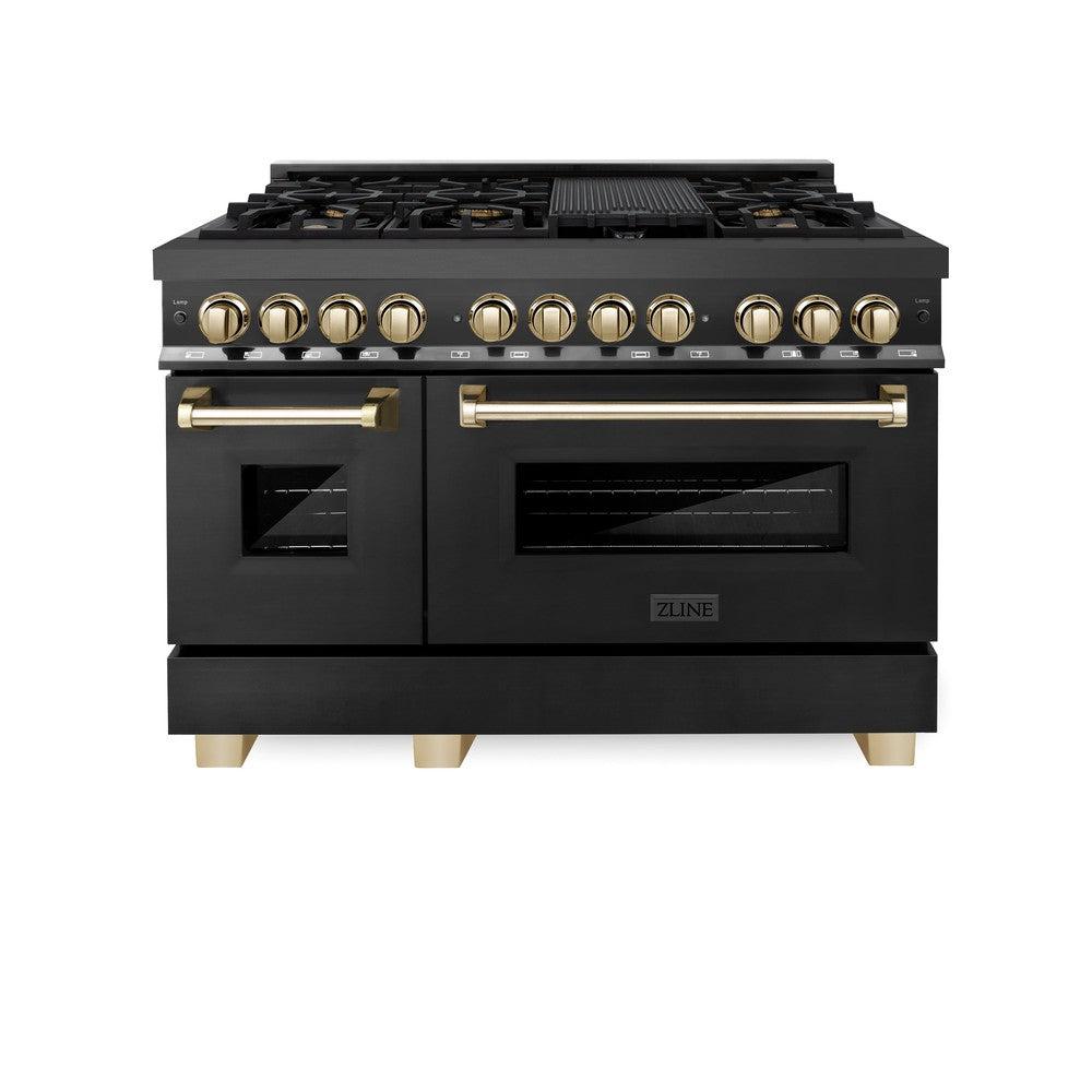 ZLINE Autograph 48-Inch Dual Fuel Range, 6.0 Cu. Ft., Black Stainless Steel with Gold Accents (RABZ-48-G)