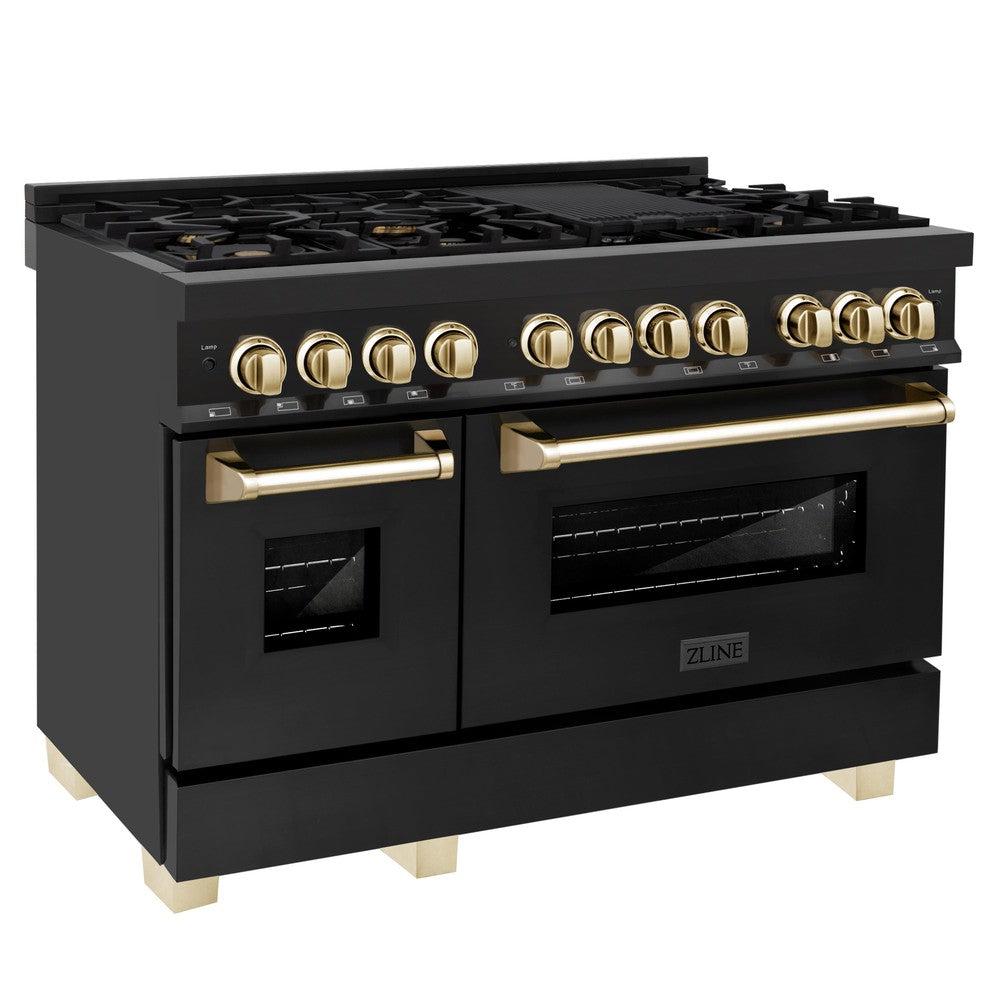 ZLINE Autograph 48-Inch Dual Fuel Range, 6.0 Cu. Ft., Black Stainless Steel with Gold Accents (RABZ-48-G)