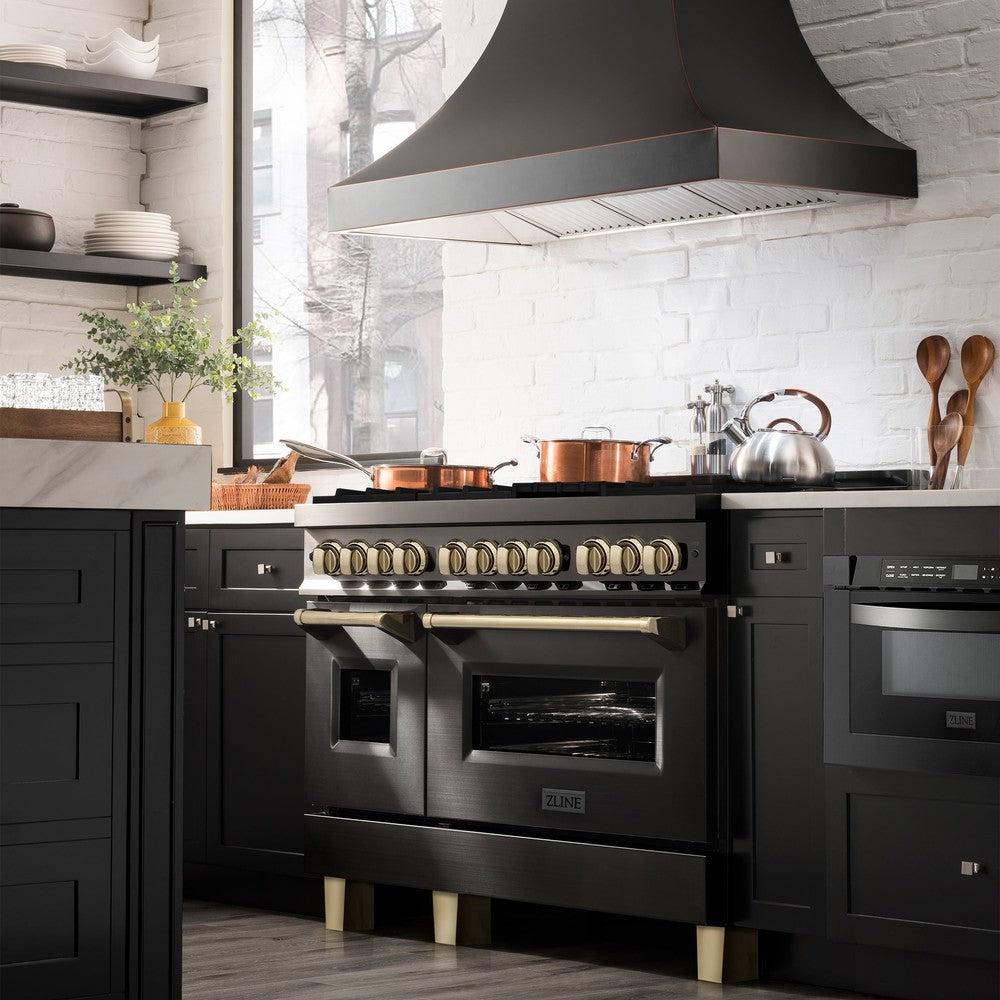 ZLINE Autograph 48-Inch Dual Fuel Range, 6.0 Cu. Ft., Black Stainless Steel with Gold Accents (RABZ-48-G)