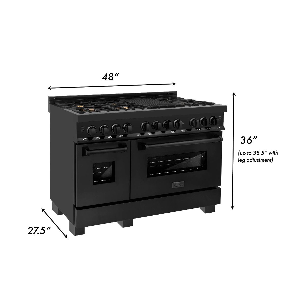 ZLINE 48 in. Dual Fuel Range with Gas Cooktop, Electric Oven, Black Stainless Steel Finish, Brass Burners (RAB-BR-48)