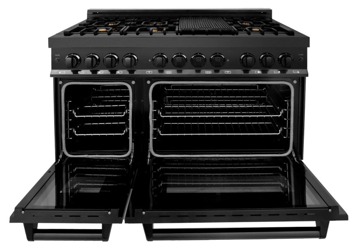 ZLINE 48 in. Dual Fuel Range with Gas Cooktop, Electric Oven, Black Stainless Steel Finish, Brass Burners (RAB-BR-48)