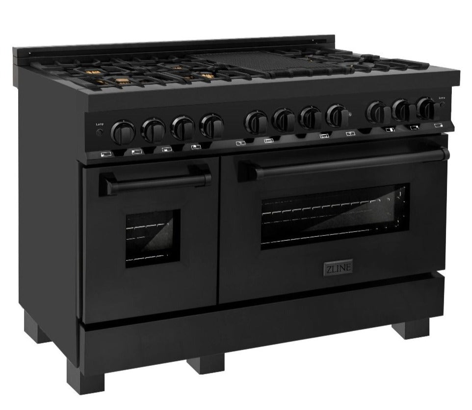 ZLINE 48 in. Dual Fuel Range with Gas Cooktop, Electric Oven, Black Stainless Steel Finish, Brass Burners (RAB-BR-48)