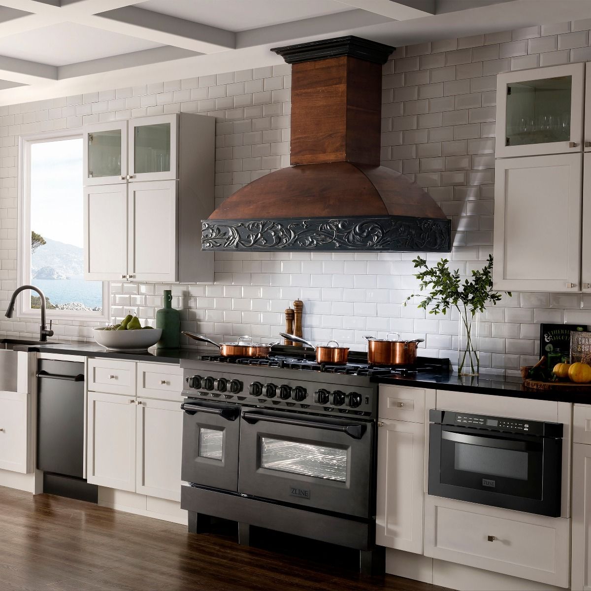 ZLINE 48 in. Dual Fuel Range with Gas Cooktop, Electric Oven, Black Stainless Steel Finish, Brass Burners (RAB-BR-48)