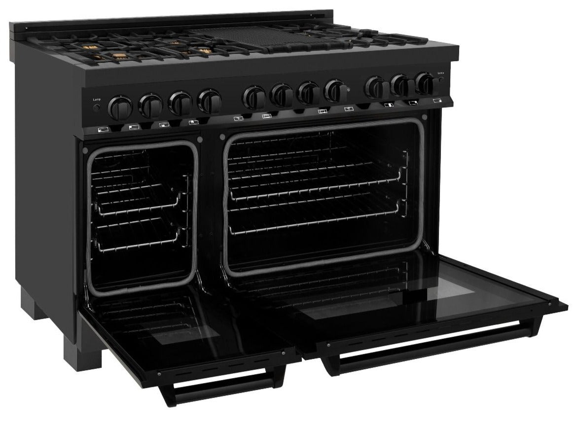ZLINE 48 in. Dual Fuel Range with Gas Cooktop, Electric Oven, Black Stainless Steel Finish, Brass Burners (RAB-BR-48)