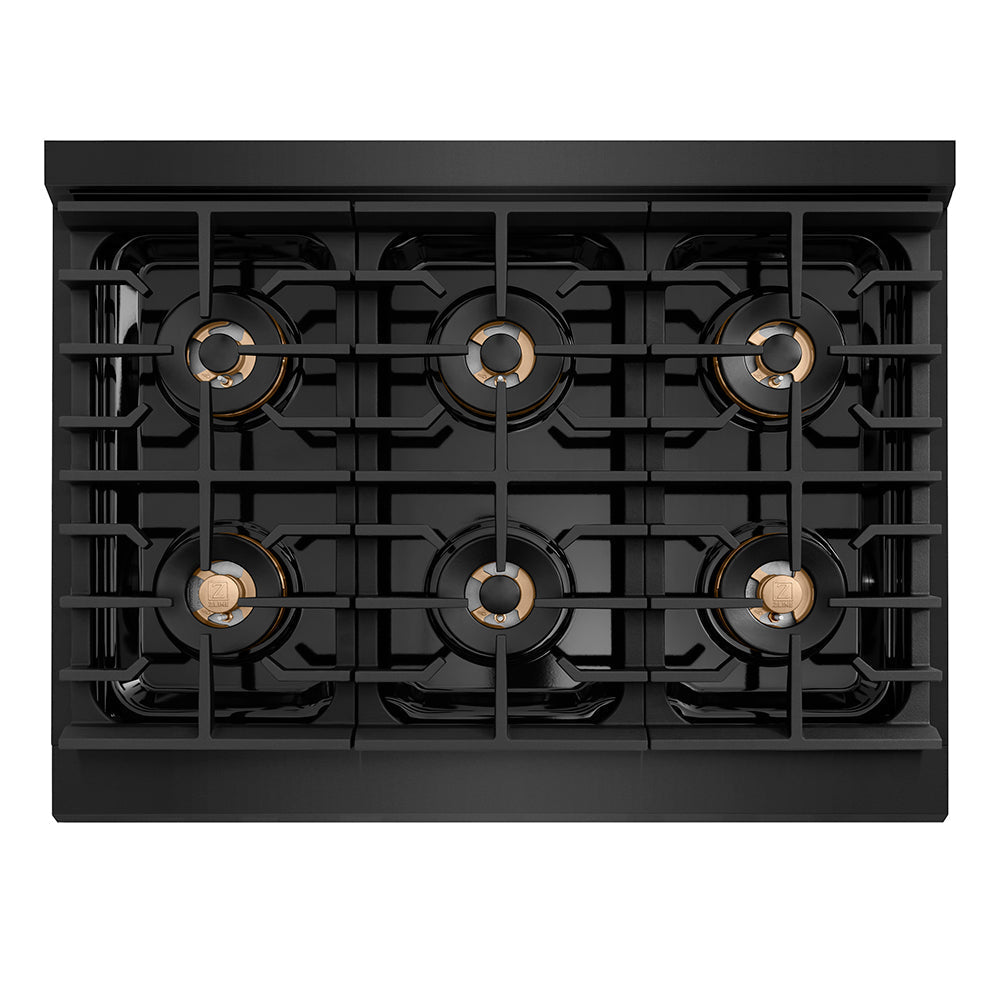 ZLINE Autograph 36" Paramount Gas Rangetop with 6 Burner DuoPro™ Cooktop in Black Stainless Steel and Champagne Bronze Accents, PSRTBZ-36-CB