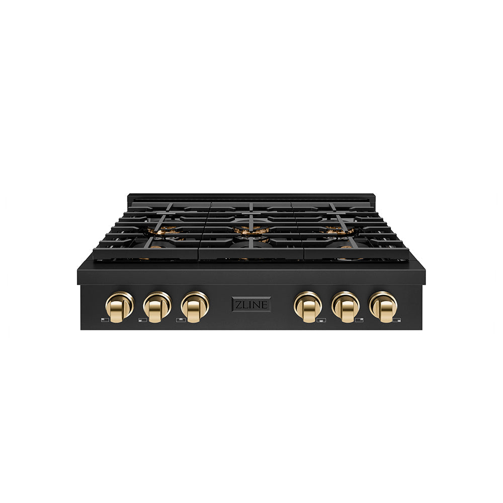 ZLINE Autograph 36" Paramount Gas Rangetop with 6 Burner DuoPro™ Cooktop in Black Stainless Steel and Polished Gold Accents, PSRTBZ-36-G