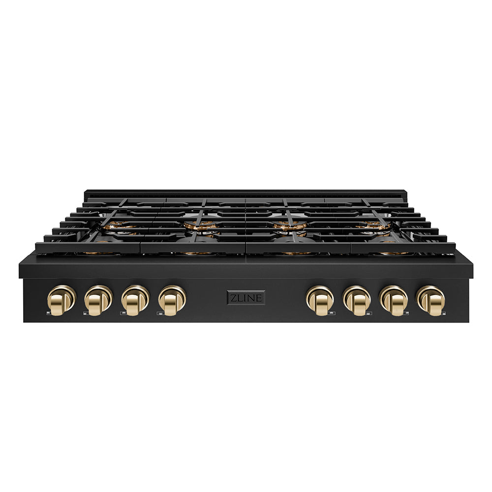 ZLINE Autograph 48" Paramount Gas Rangetop with 8 Burner DuoPro™ Cooktop in Black Stainless Steel and Polished Gold Accents, PSRTBZ-48-G