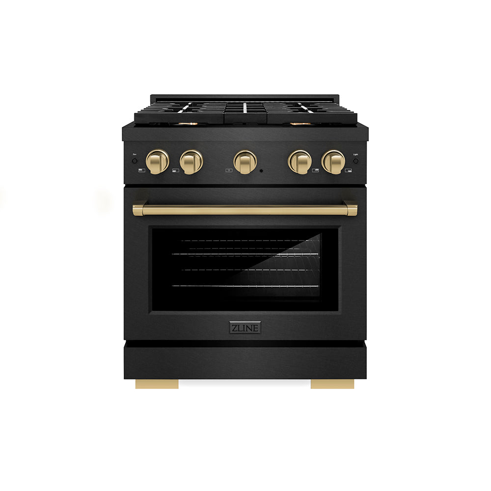 ZLINE 30 in. Dual Fuel Range 4.2 cu. ft. 4 Burner Gas Cooktop Convection Oven Black Satin Stainless Steel Champagne Bronze Accents (SDRBSZ-30-CB)