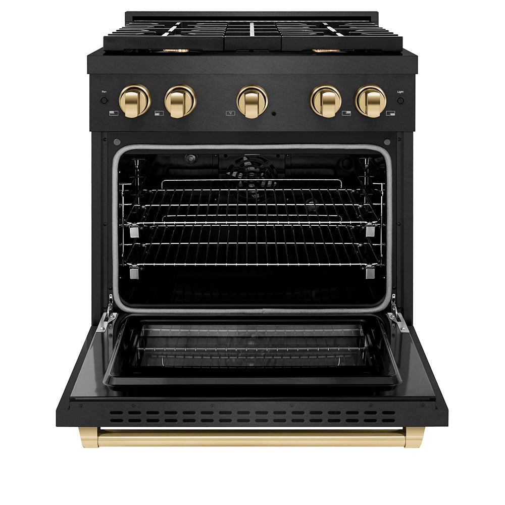 ZLINE 30 in. Dual Fuel Range 4.2 cu. ft. 4 Burner Gas Cooktop Black Satin Stainless Steel with Gold Accents (SDRBSZ-30-G)