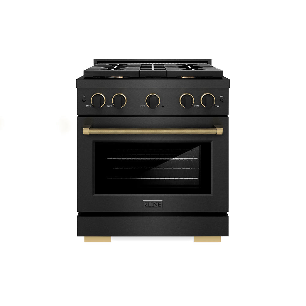 ZLINE 30 in. Dual Fuel Range 4.2 cu. ft. 4 Burner Gas Cooktop Black Satin Stainless Steel Black & Champagne Bronze Accents (SDRBSZ-30-MBCB)