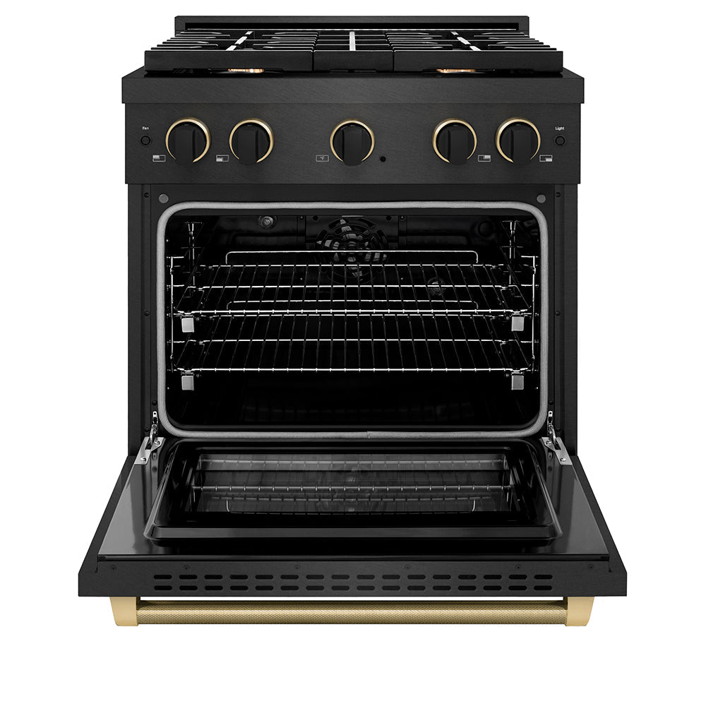 ZLINE 30 in. Dual Fuel Range 4.2 cu. ft. 4 Burner Gas Cooktop Black Satin Stainless Steel Black & Champagne Bronze Accents (SDRBSZ-30-MBCB)