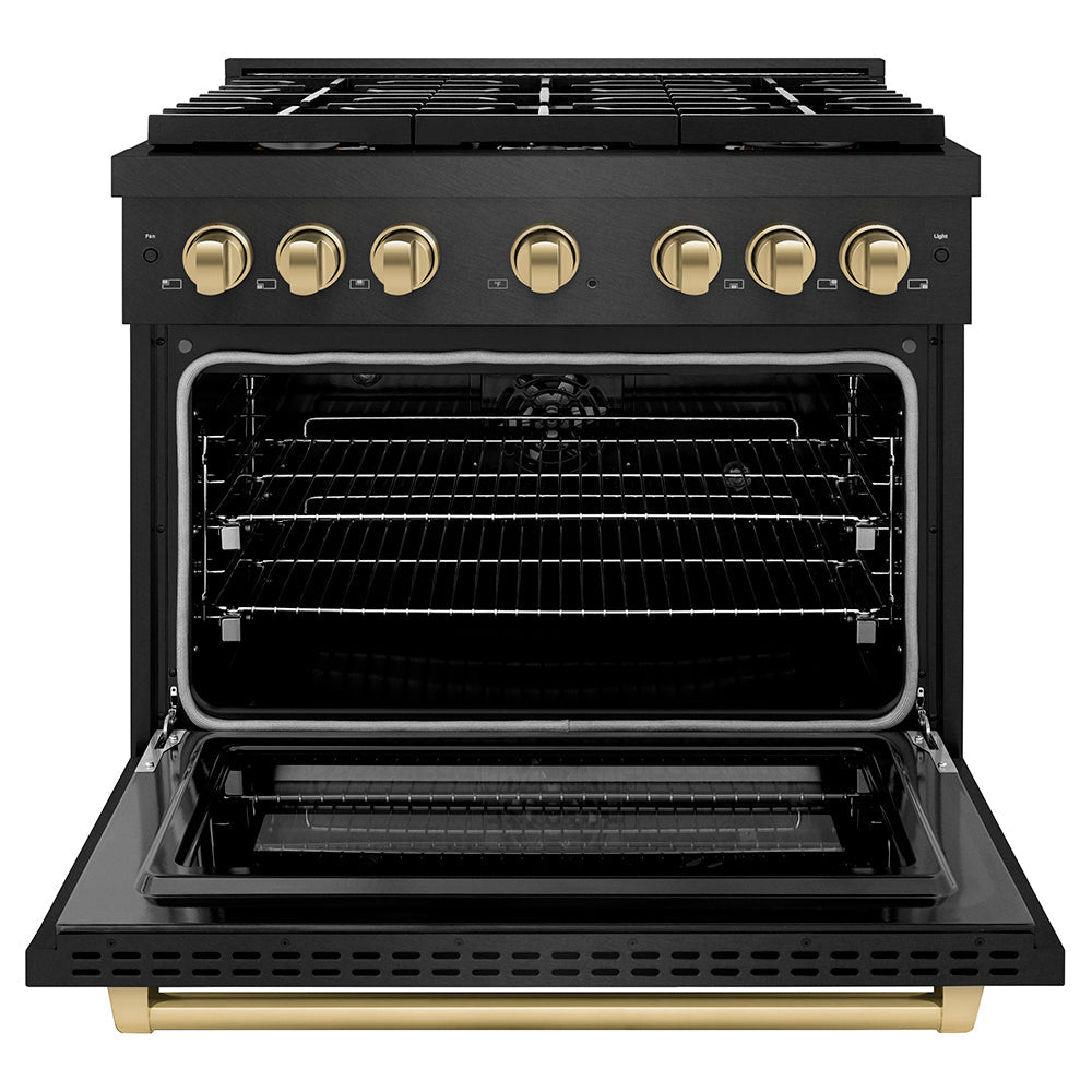 ZLINE 36 in. Dual Fuel Range 5.2 cu. ft. 6 Burner Gas Cooktop Convection Oven Black Satin Stainless Steel Champagne Bronze Accents (SDRBSZ-36-CB)
