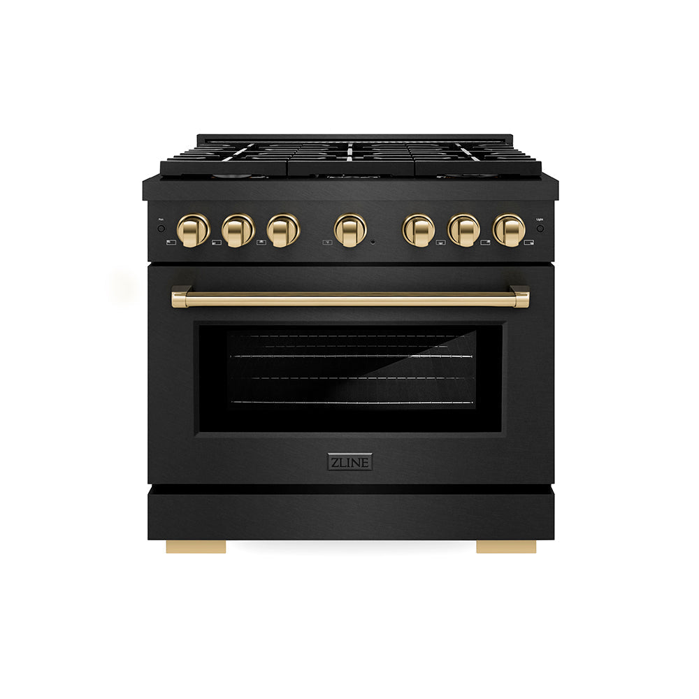 ZLINE 36 in. Dual Fuel Range 5.2 cu. ft. 6 Burner Gas Cooktop Black Satin Stainless Steel Gold Accents (SDRBSZ-36-G)