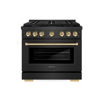 ZLINE 36 in. Dual Fuel Range 5.2 cu. ft. 6 Burner Gas Cooktop Black Satin Stainless Steel Gold Accents (SDRBSZ-36-G)