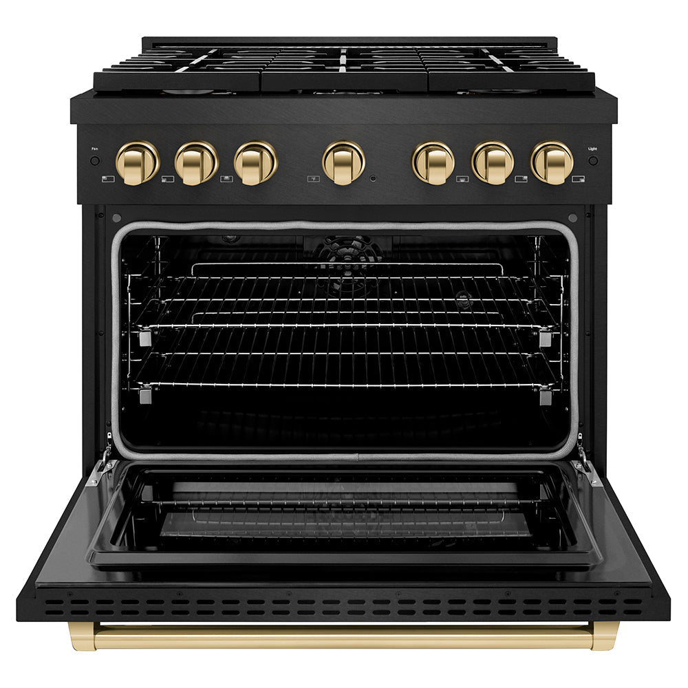 ZLINE 36 in. Dual Fuel Range 5.2 cu. ft. 6 Burner Gas Cooktop Black Satin Stainless Steel Gold Accents (SDRBSZ-36-G)