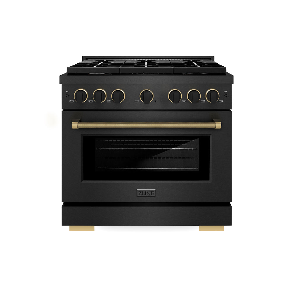 ZLINE 36 in. Dual Fuel Range 5.2 cu. ft. 6 Burner Gas Cooktop Black Satin Stainless Steel Black & Champagne Accents (SDRBSZ-36-MBCB)