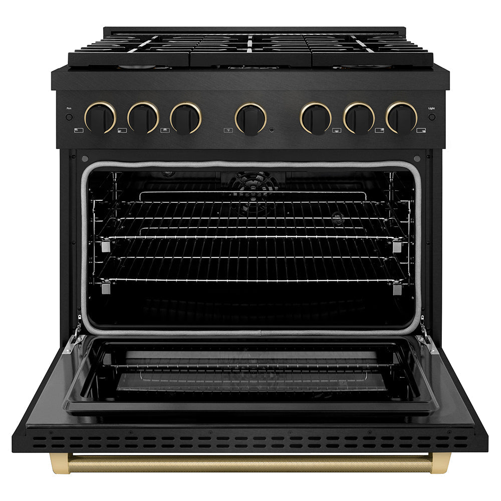 ZLINE 36 in. Dual Fuel Range 5.2 cu. ft. 6 Burner Gas Cooktop Black Satin Stainless Steel Black & Champagne Accents (SDRBSZ-36-MBCB)