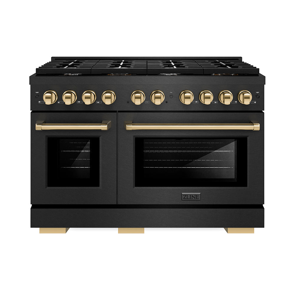 ZLINE 48 in. Dual Fuel Range 6.7 cu. ft. 8 Burner Gas Cooktop Black Satin Stainless Steel with Gold Accents (SDRBSZ-48-G)
