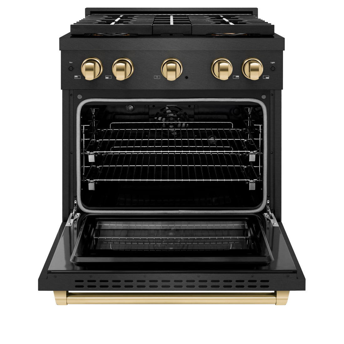 ZLINE 30 in. Dual Fuel Range 4.2 cu. ft. 4 Burner DuoPro™ Cooktop Black Satin Stainless Steel with Polished Gold Accents (PSDRBSZ-30-G)