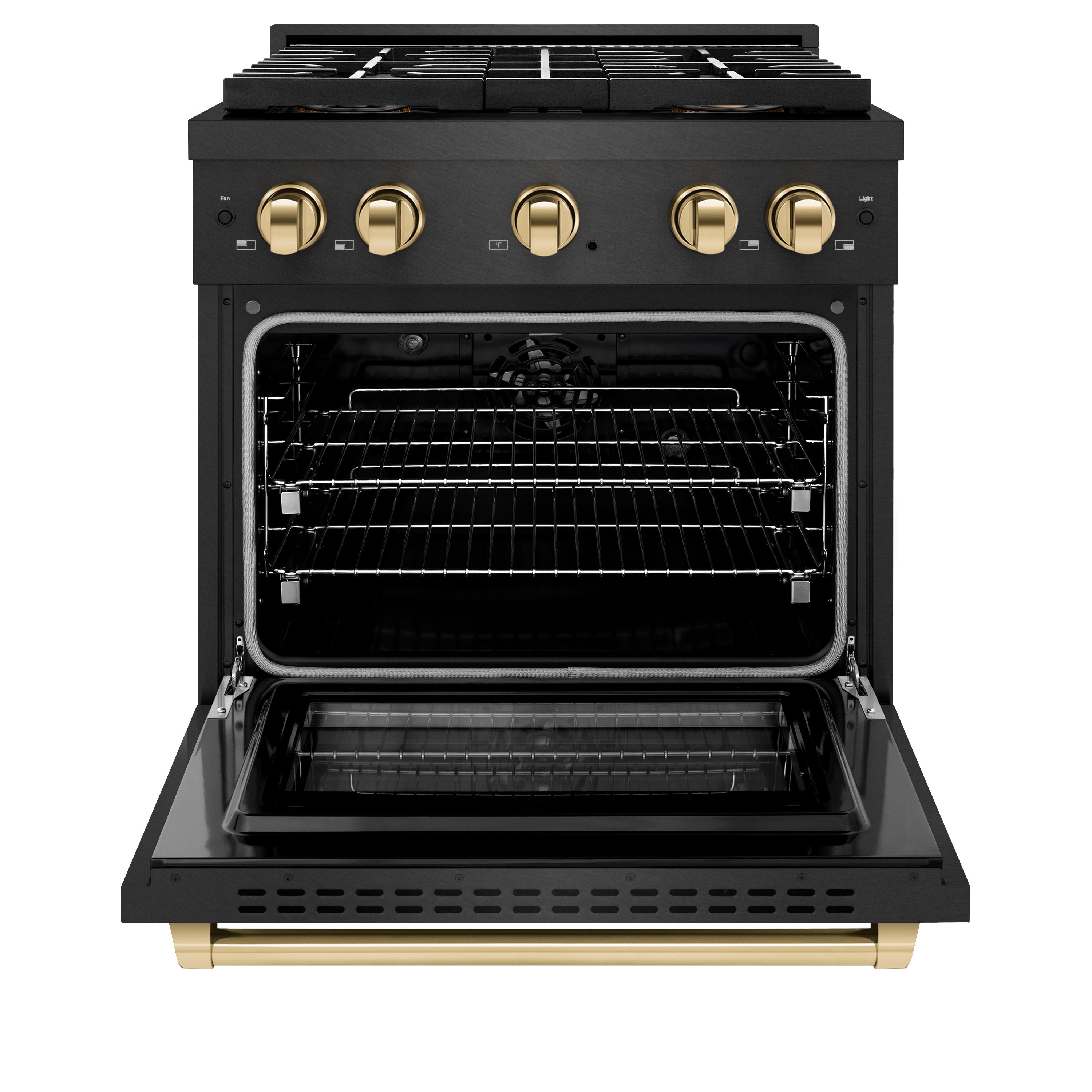 ZLINE 30 in. Dual Fuel Range 4.2 cu. ft. 4 Burner DuoPro™ Cooktop Black Satin Stainless Steel with Polished Gold Accents (PSDRBSZ-30-G)