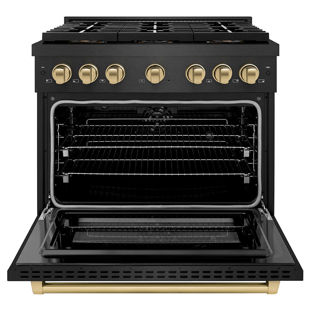 ZLINE 36 in. Dual Fuel Range 5.2 cu. ft. 6 Burners DuoPro™ Cooktop Black Satin Stainless Steel Champagne Bronze Accents (PSDRBSZ-36-CB)