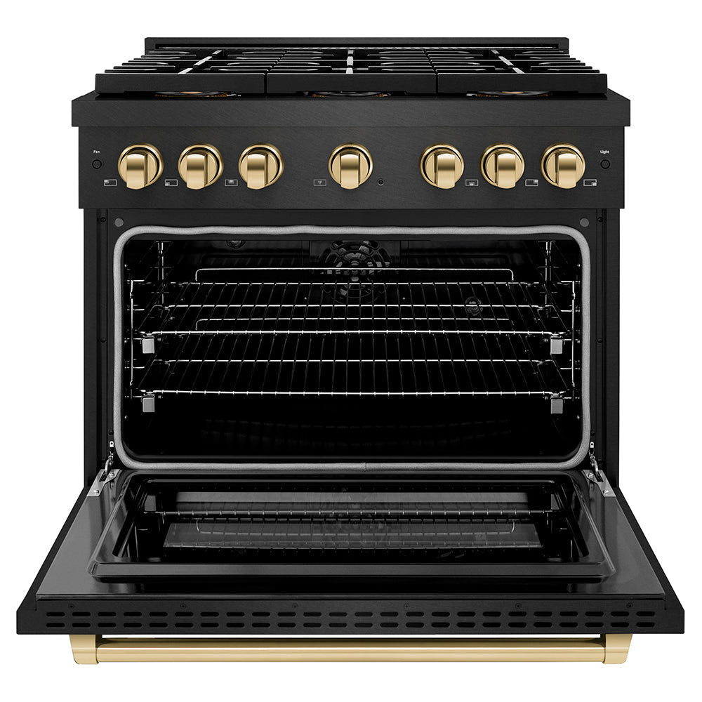 ZLINE 36 in. Dual Fuel Range 5.2 cu. ft. 6 Burner DuoPro™ Cooktop Black Satin Stainless Steel with Gold Accents (PSDRBSZ-36-G)