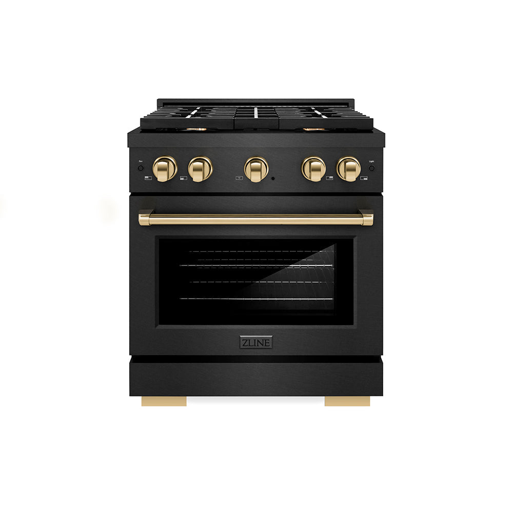 ZLINE 30 in. Gas Range 4.2 cu. ft. 4 Burner Cooktop Convection Oven Black Satin with Gold Accents (SGRBSZ-30-G)