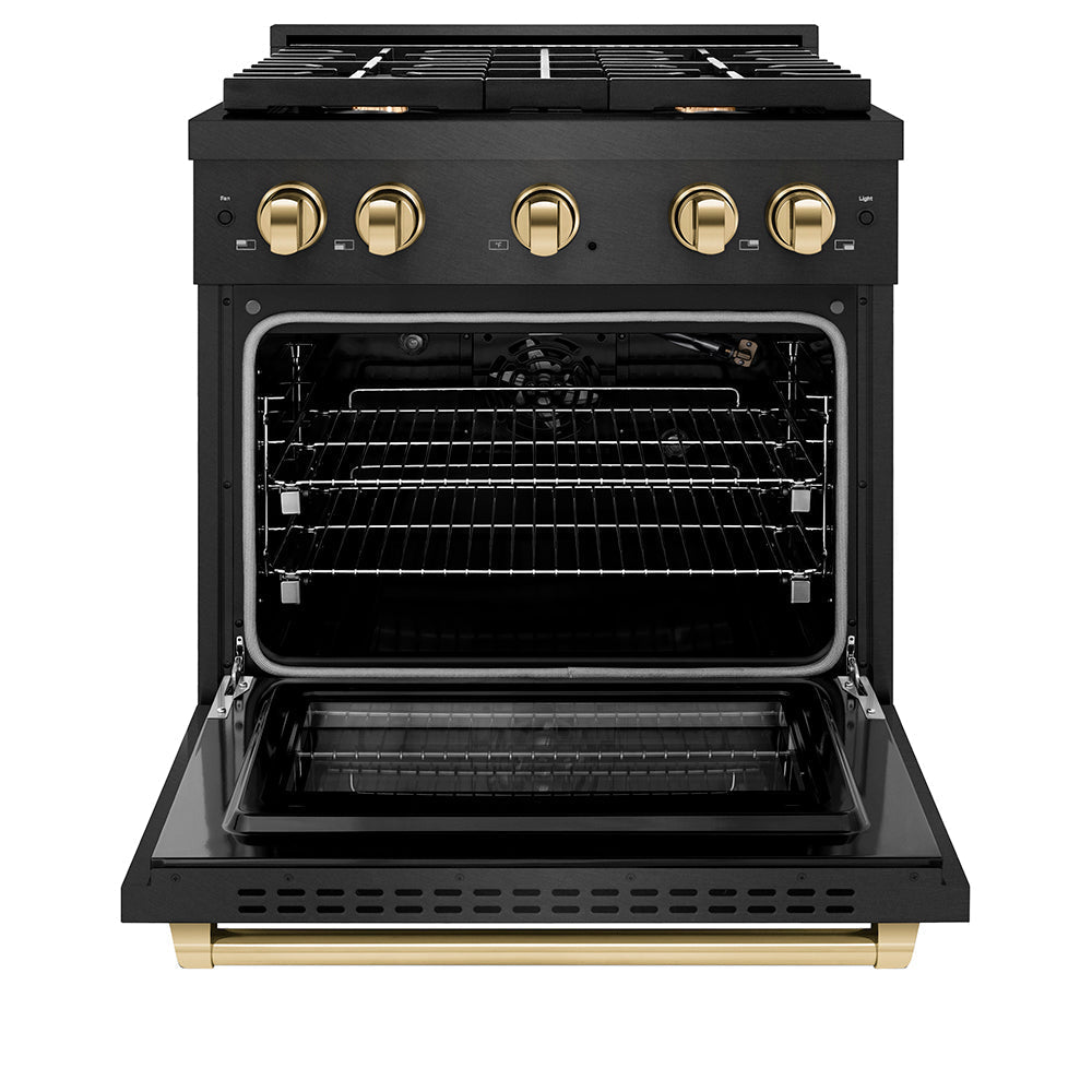 ZLINE 30 in. Gas Range 4.2 cu. ft. 4 Burner Cooktop Convection Oven Black Satin with Gold Accents (SGRBSZ-30-G)