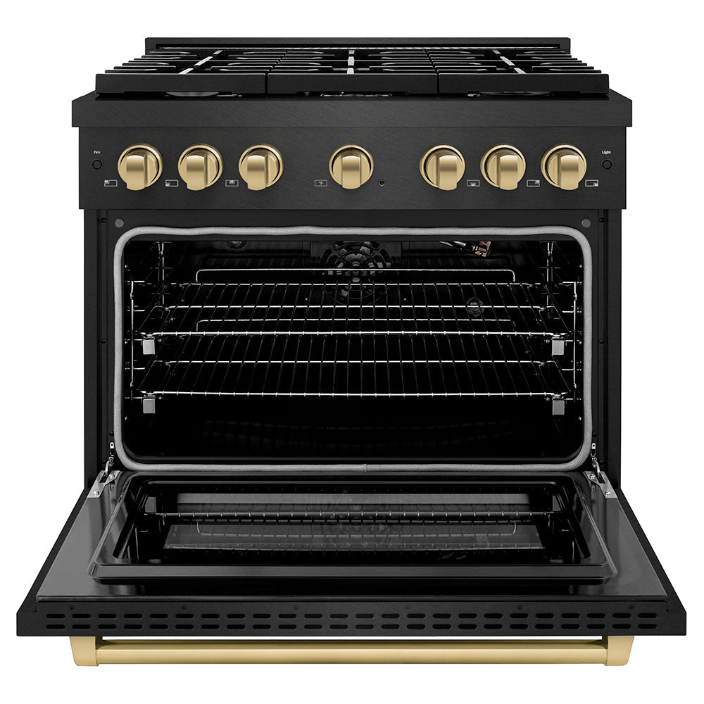 ZLINE 36 in. Gas Range 5.2 cu. ft. 6 Burner Cooktop Black Satin Stainless Steel with Champagne Bronze Accents (SGRBSZ-36-CB)