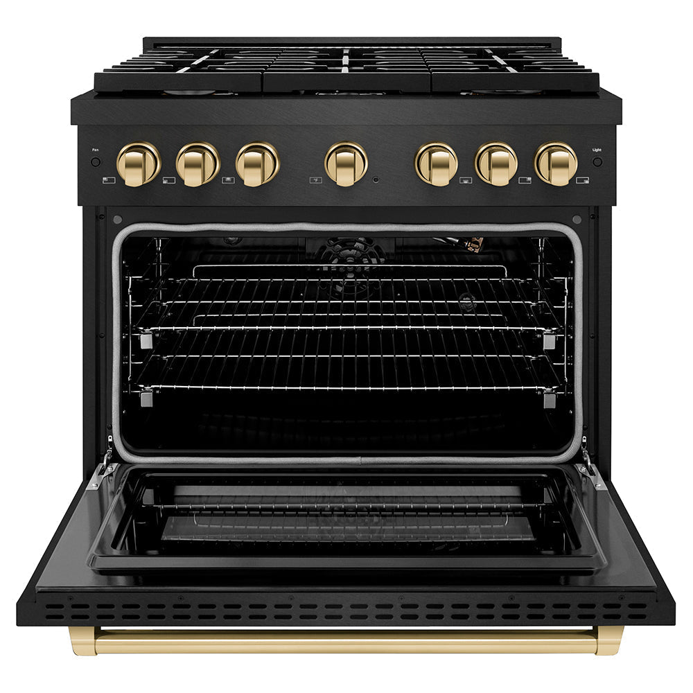 ZLINE 36 in. Gas Range 6 Burner Cooktop 5.2 cu. ft. Convection Oven Black Satin Stainless Steel with Gold Accents (SGRBSZ-36-G)