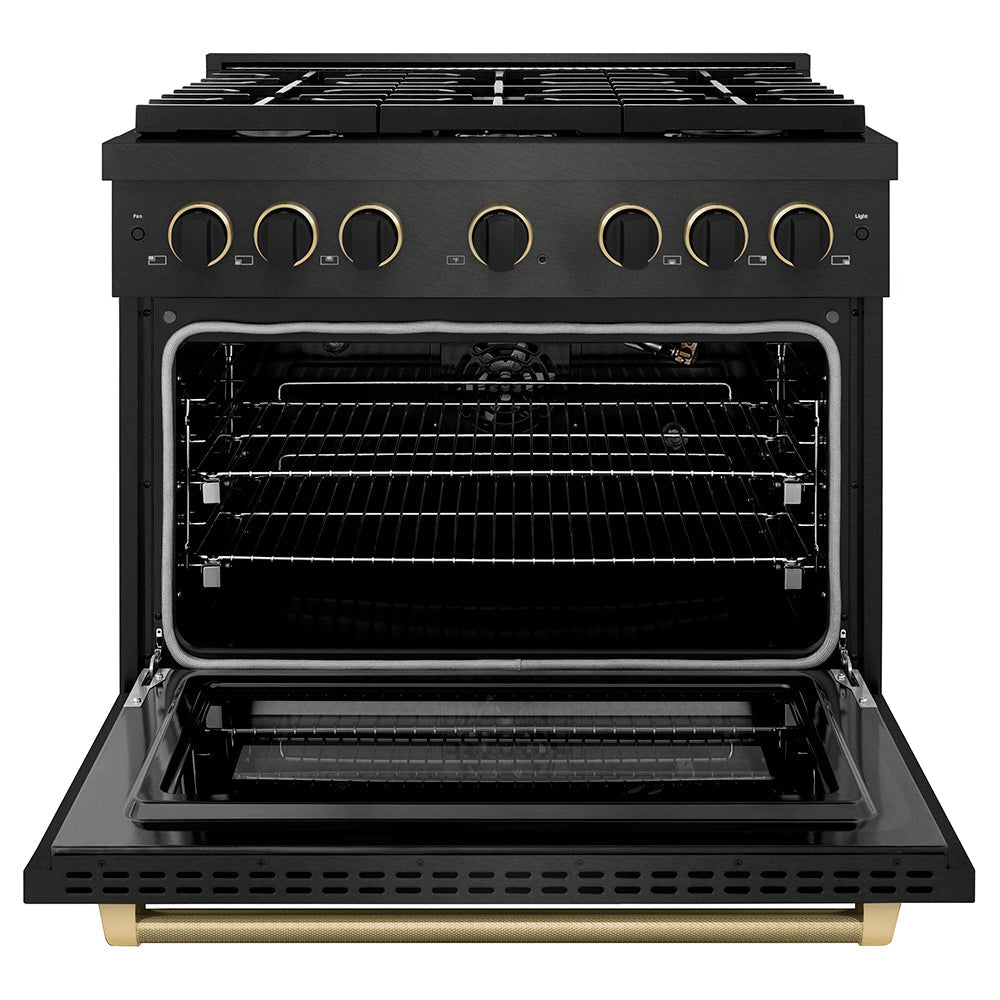 ZLINE 36 in. Gas Range 5.2 cu. ft. 6 Burner Cooktop Black Satin Stainless Steel Matte Black Champagne Bronze Accents (SGRBSZ-36-MBCB)