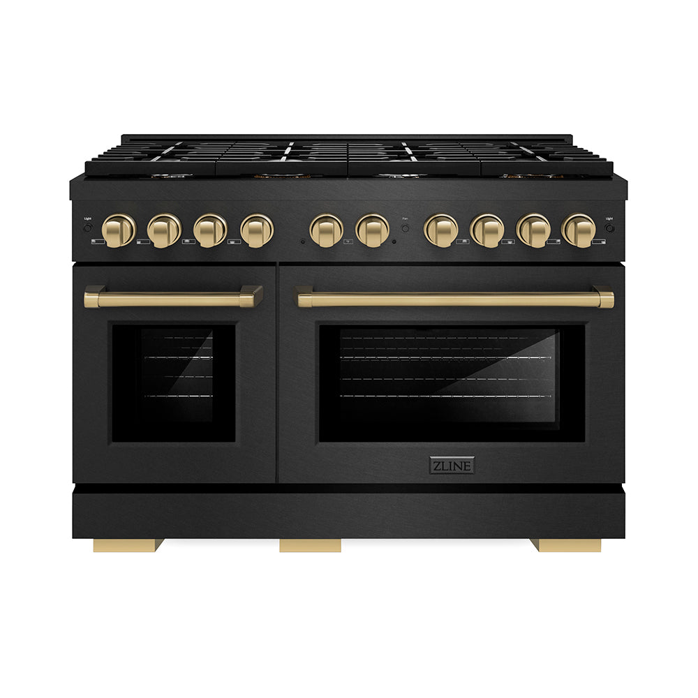 ZLINE 48 in. Gas Range Double Oven 6.7 cu. ft. 8 Burner Cooktop Black Satin Stainless Steel Champagne Bronze Accents (SGRBSZ-48-CB)