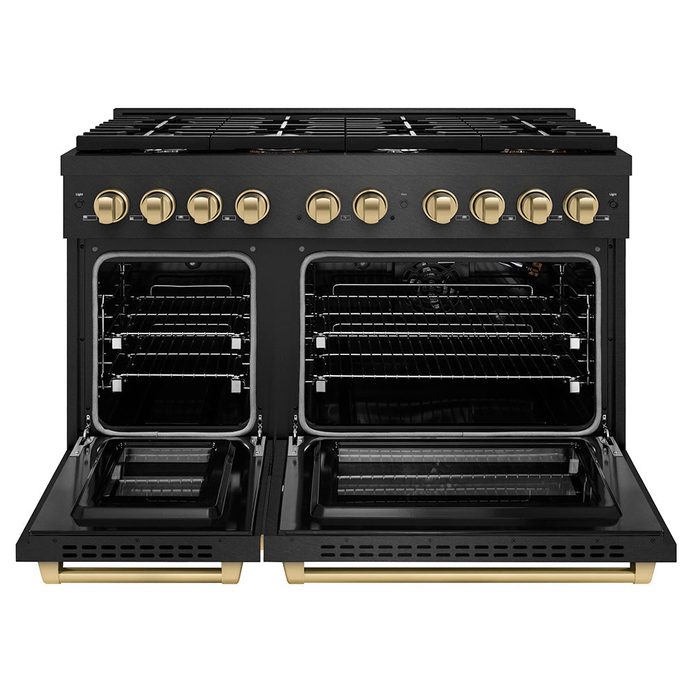 ZLINE 48 in. Gas Range Double Oven 6.7 cu. ft. 8 Burner Cooktop Black Satin Stainless Steel Champagne Bronze Accents (SGRBSZ-48-CB)