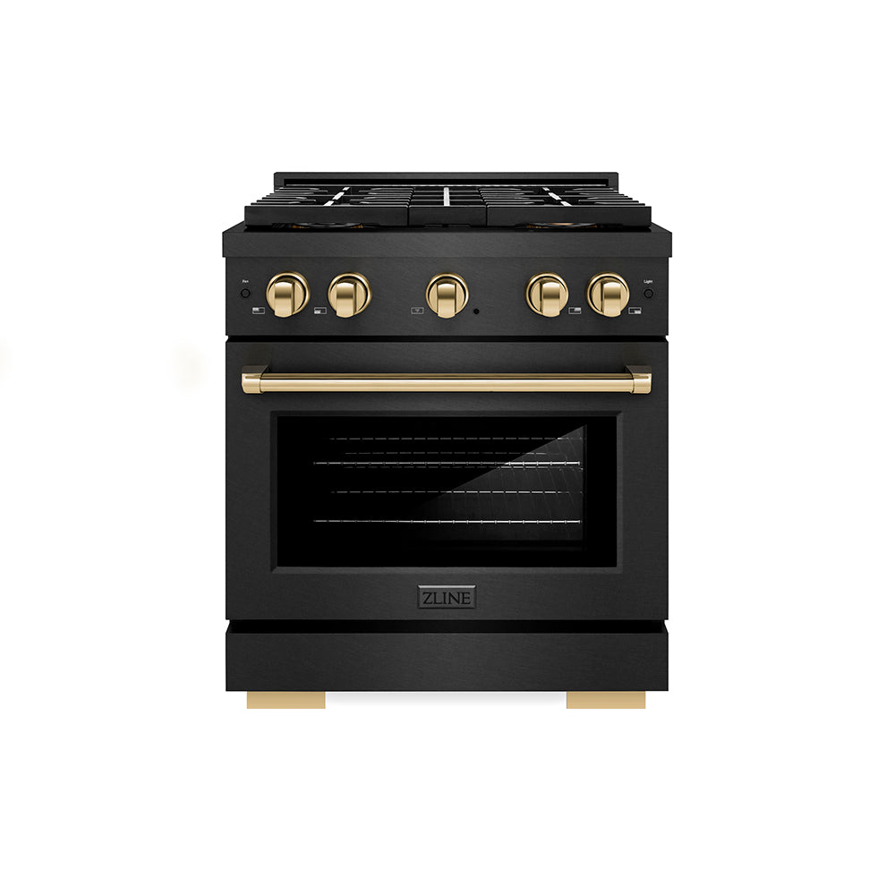 ZLINE 30 in. Gas Range 4 Burner DuoPro™ Cooktop 4.2 cu. ft. Black Satin Stainless Steel with Gold Accents (PSGRBSZ-30-G)