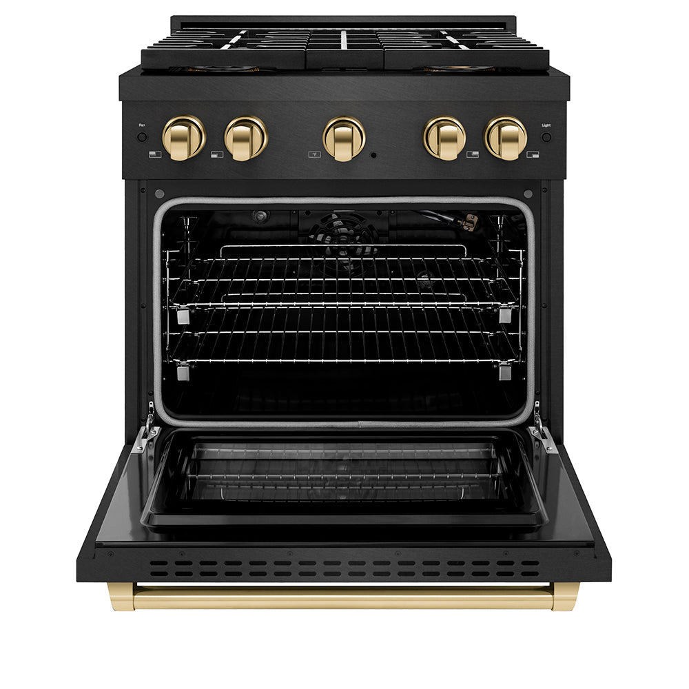 ZLINE 30 in. Gas Range 4 Burner DuoPro™ Cooktop 4.2 cu. ft. Black Satin Stainless Steel with Gold Accents (PSGRBSZ-30-G)