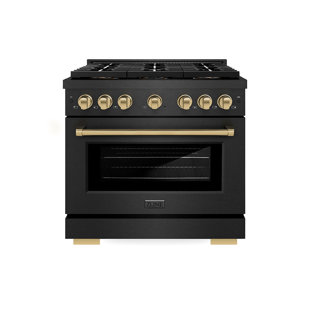 ZLINE 36 in. Gas Range 5.2 cu. ft. 6 Burner DuoPro™ Cooktop Black Satin Stainless Steel with Champagne Bronze Accents (PSGRBSZ-36-CB)