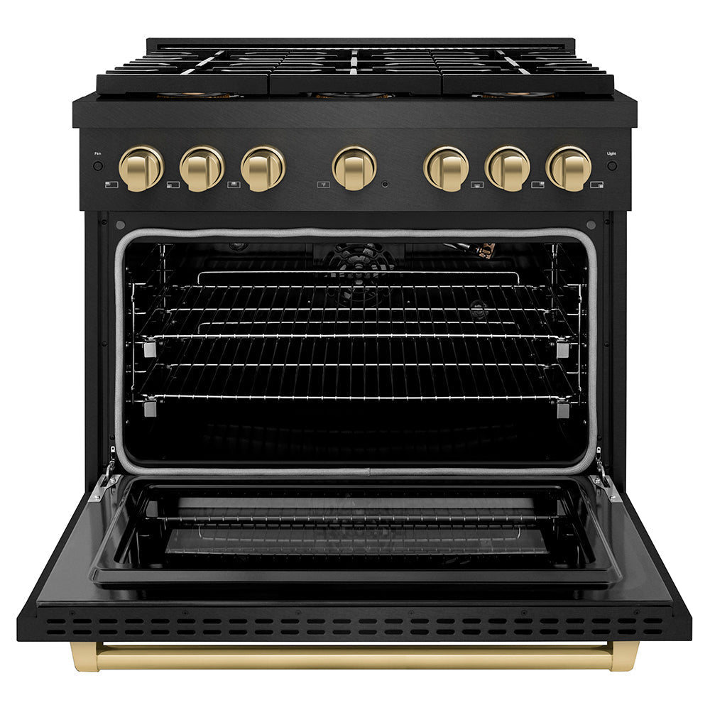 ZLINE 36 in. Gas Range 5.2 cu. ft. 6 Burner DuoPro™ Cooktop Black Satin Stainless Steel with Champagne Bronze Accents (PSGRBSZ-36-CB)