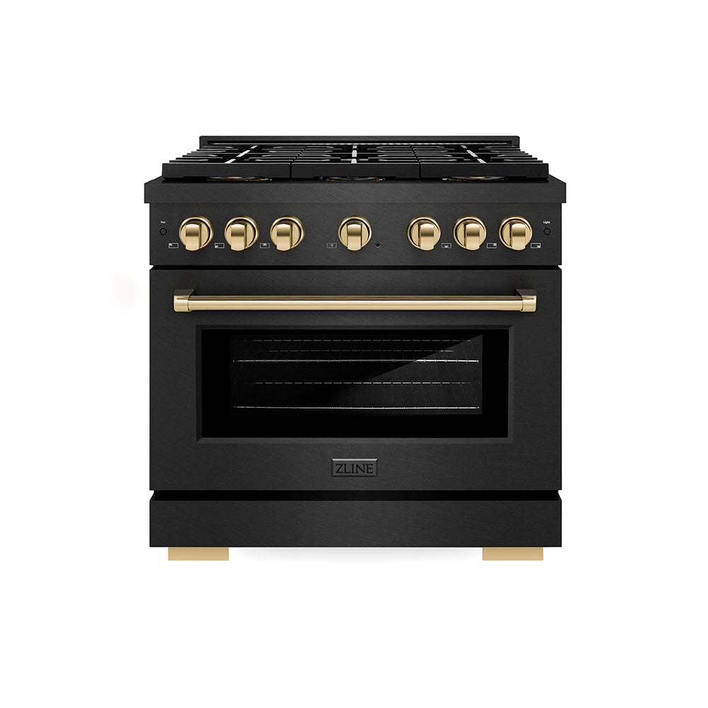 ZLINE 36 in. Gas Range 5.2 cu. ft. 6 Burner DuoPro™ Cooktop Black Satin Stainless Steel with Polished Gold Accents (PSGRBSZ-36-G)