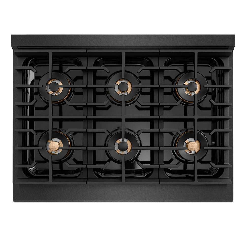 ZLINE 36 in. Gas Range 5.2 cu. ft. 6 Burner DuoPro™ Cooktop Black Satin Stainless Steel with Polished Gold Accents (PSGRBSZ-36-G)