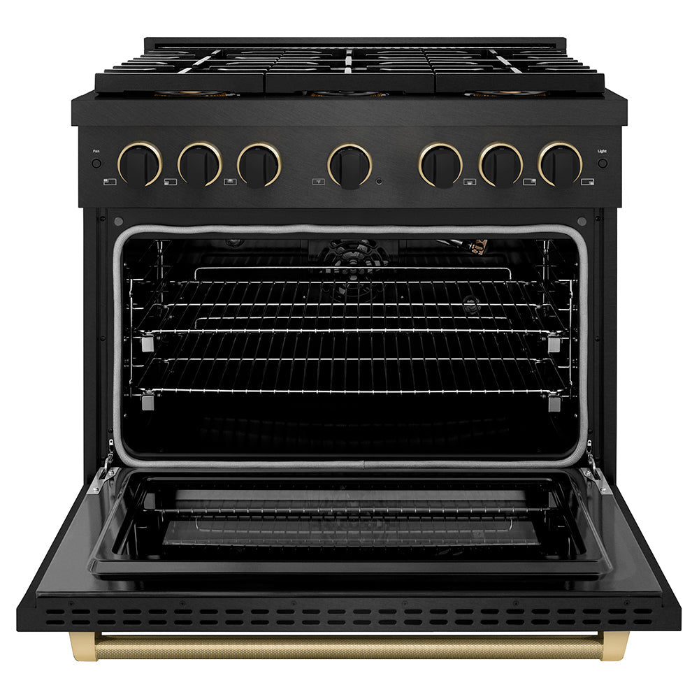 ZLINE 36 in. Gas Range 5.2 cu. ft. 6 Burner DuoPro™ Cooktop Black Satin Stainless Steel with Black & Champagne Bronze Accents (PSGRBSZ-36-MBCB)