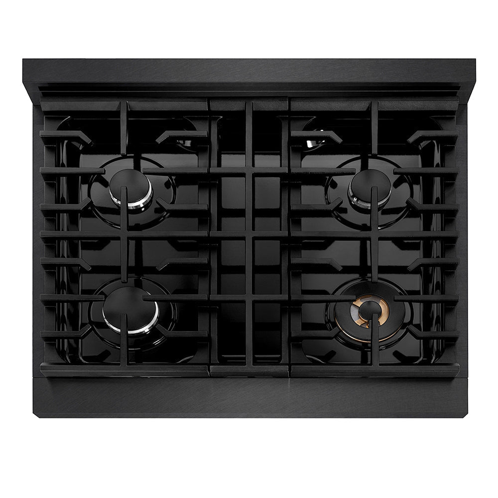 ZLINE 30" Paramount Gas Rangetop with 4 Burners and Porcelain Cooktop in Black Satin Stainless Steel, SRTBS-30