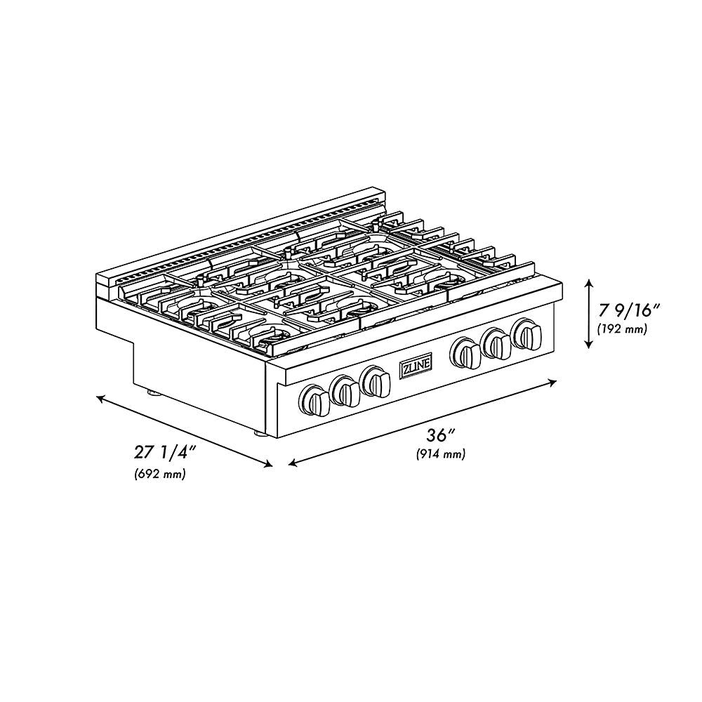 ZLINE 36" Paramount Gas Rangetop with 6 Burner DuoPro™ Cooktop in Black Satin Stainless Steel, PSRTBS-36