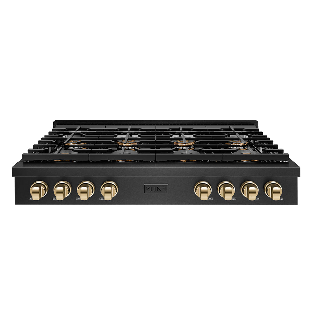 ZLINE 48 in. Gas Rangetop 8 Burner DuoPro™ Cooktop Black Satin Stainless Steel Polished Gold Accents (PSRTBSZ-48-G)