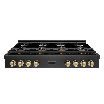 ZLINE 48 in. Gas Rangetop 8 Burner DuoPro™ Cooktop Black Satin Stainless Steel Polished Gold Accents (PSRTBSZ-48-G)