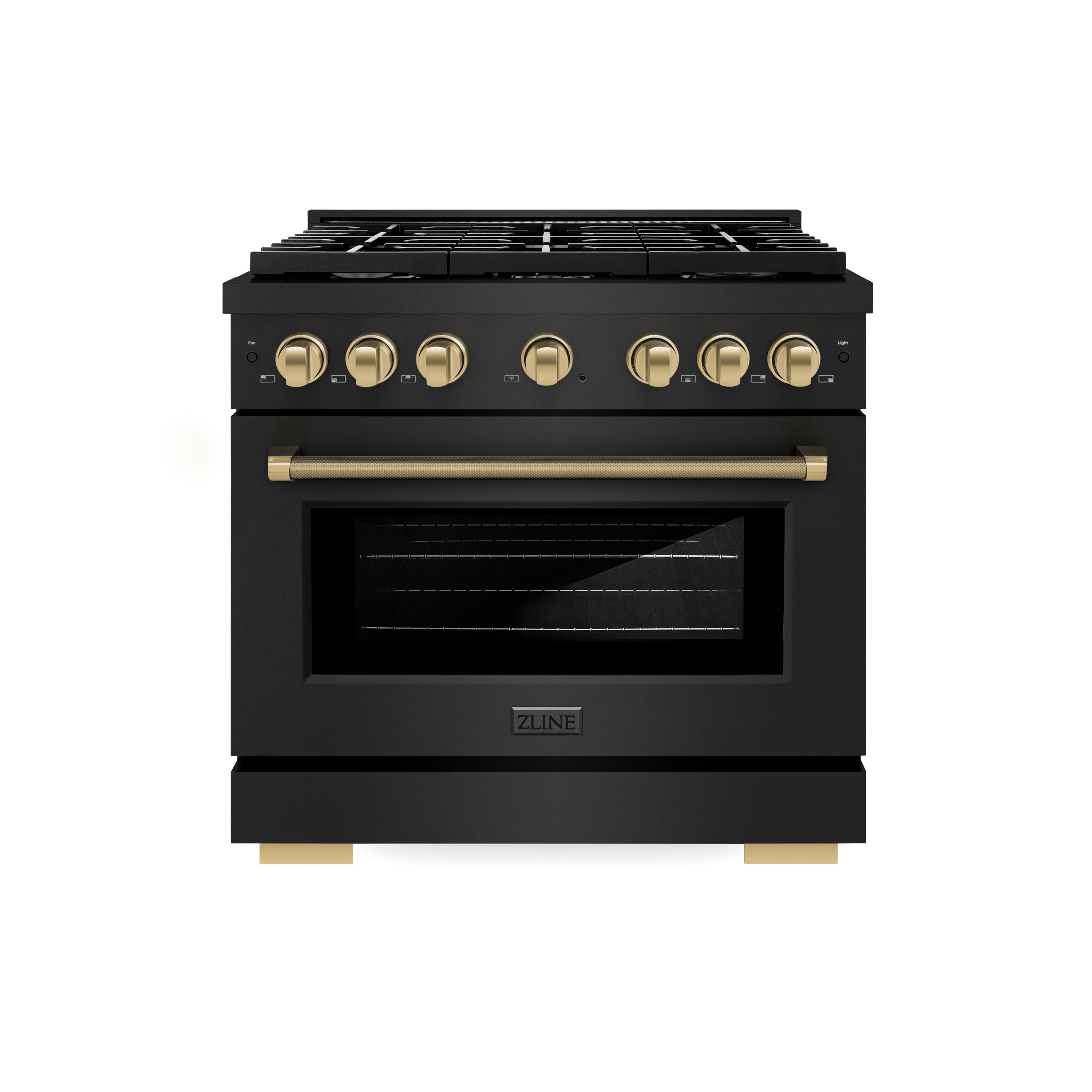 ZLINE 36 in Dual Fuel Range 5.2 cu. ft. 6 Burner Gas Cooktop Electric Convection Oven Black Stainless Steel Champagne Bronze Helix Handles (SDRBZ-36-KCB)