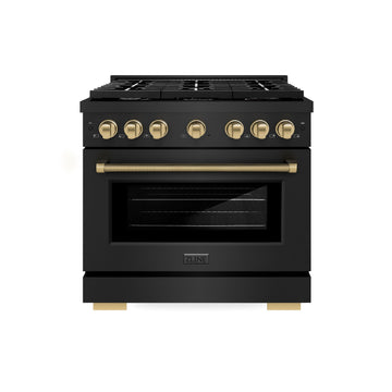 ZLINE 36 in Dual Fuel Range 5.2 cu. ft. 6 Burner Gas Cooktop Electric Convection Oven Black Stainless Steel Champagne Bronze Helix Handles (SDRBZ-36-KCB)