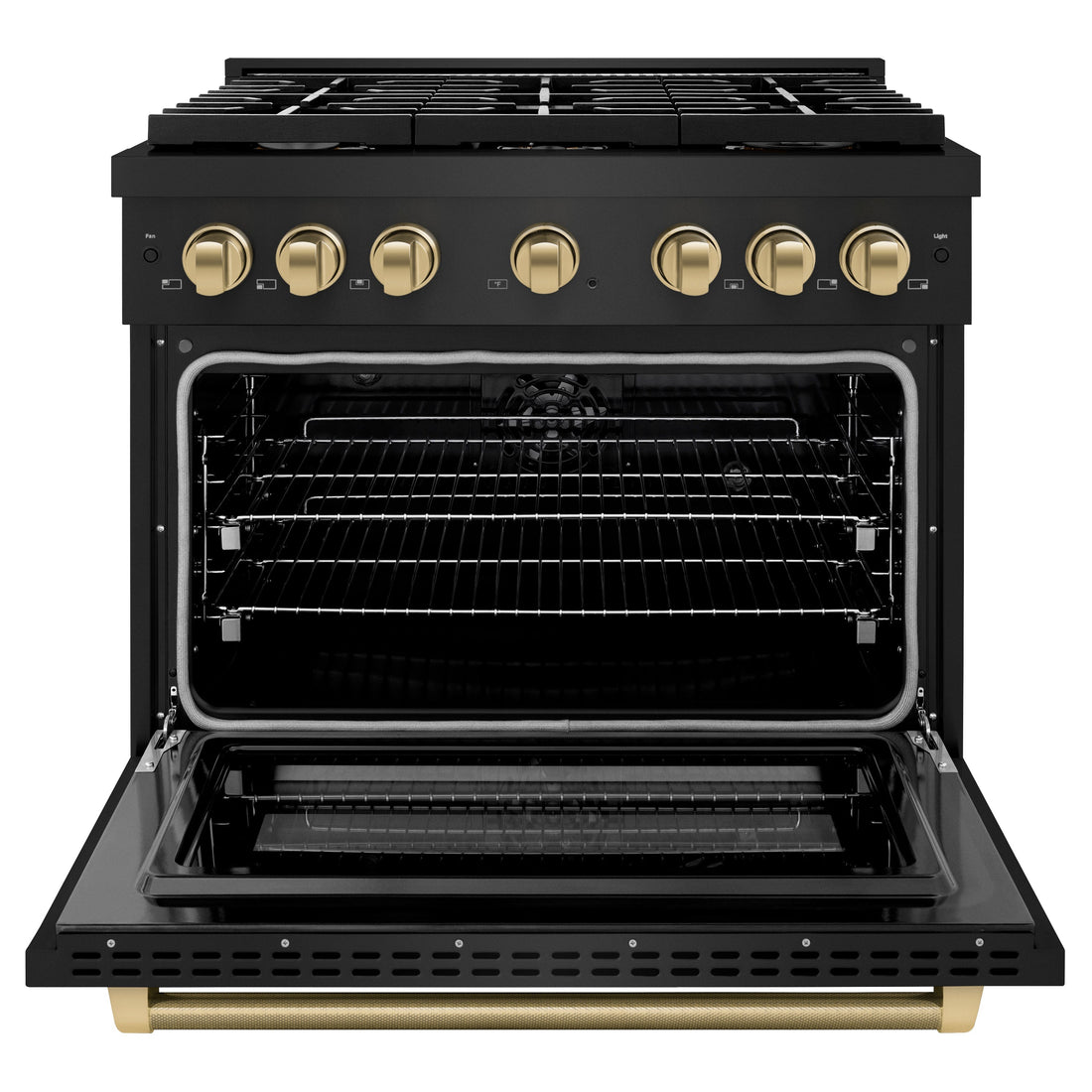 ZLINE 36 in Dual Fuel Range 5.2 cu. ft. 6 Burner Gas Cooktop Electric Convection Oven Black Stainless Steel Champagne Bronze Helix Handles (SDRBZ-36-KCB)