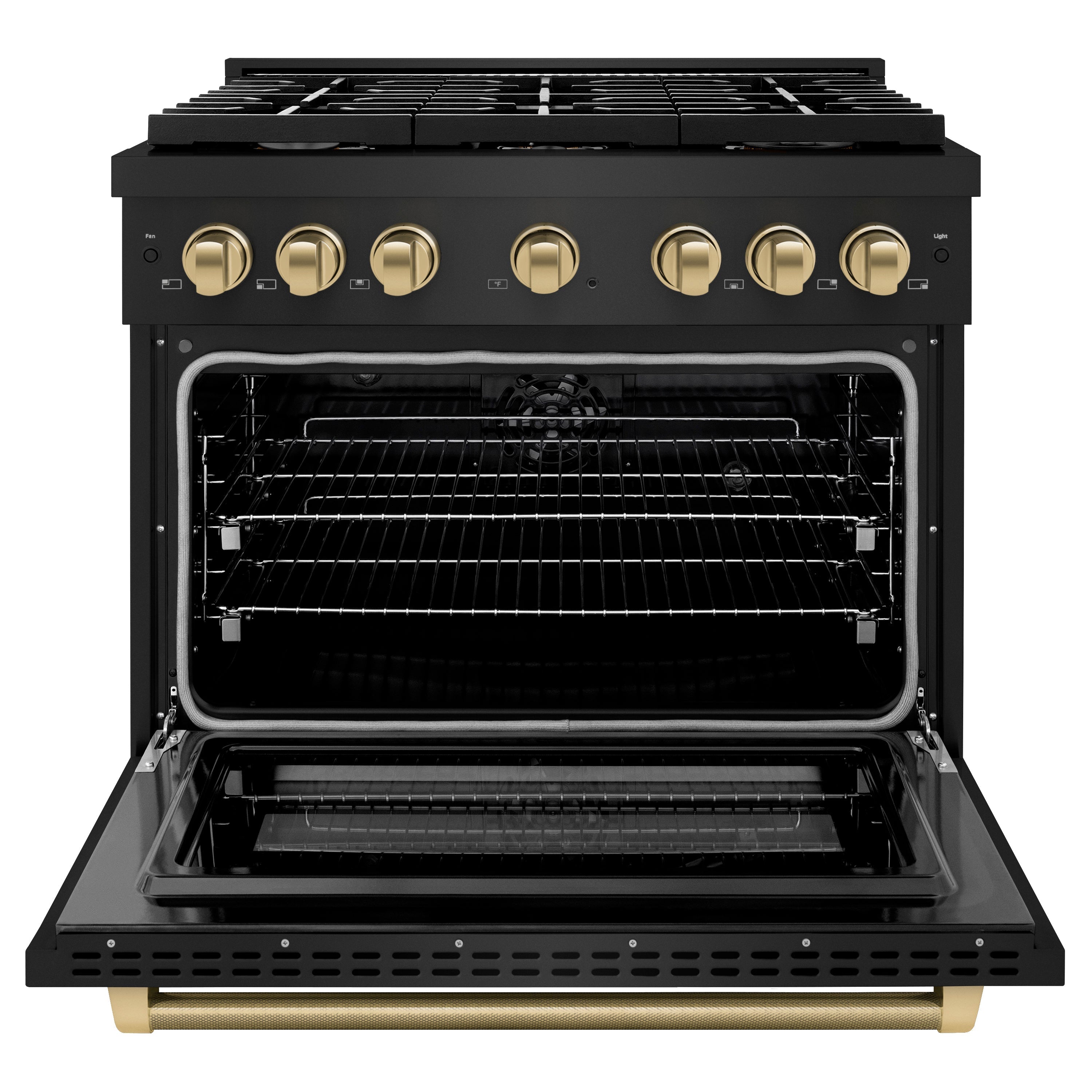 ZLINE 36 in Dual Fuel Range 5.2 cu. ft. 6 Burner Gas Cooktop Electric Convection Oven Black Stainless Steel Champagne Bronze Helix Handles (SDRBZ-36-KCB)